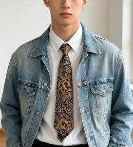 Detailed view of luxury vintage blue gold paisley pattern men necktie with denim jacket.