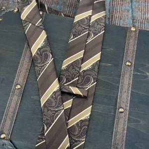 Classic brown paisley and striped silk necktie, perfect for business formal and retro wear.