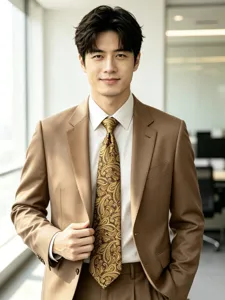 Men's brown business suit paired with elegant yellow-green paisley jacquard necktie for formal wear.