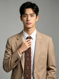Primo piano della cravatta in maglia Fair Isle marrone abbinata a camicia bianca e abito elegante.