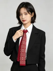Elegante cravatta in maglia Fair Isle retro classica abbinata a un blazer nero e camicia.