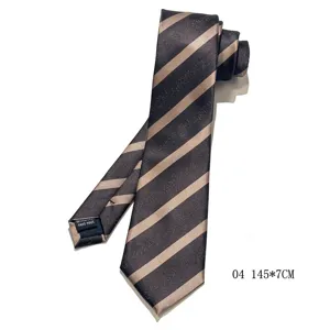 Detailed close-up view of a brown and beige striped polyester necktie, handmade texture.