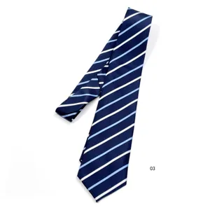 Classic men's business necktie featuring navy blue with white and light blue diagonal stripes.