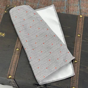 Grey fine checkered pocket square with red star prints for men formal wear matching.