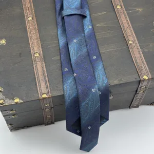 Elegante cravatta paisley blu sfumato da uomo, ideale per abbigliamento formale da lavoro e occasioni.