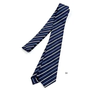 Close-up detail of the classic navy blue striped tie showing fabric texture and neat stitching.