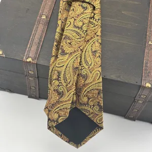 Detailed view of luxury yellow-green paisley jacquard men's necktie for formal banquets.