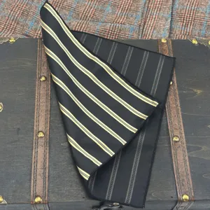 Vista detallada de un pañuelo de bolsillo negro con elegantes rayas doradas y plateadas, textura fina.