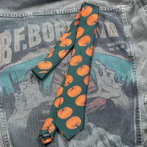 Dark green pumpkin print necktie for women and kids, vintage handmade fashion accessory.