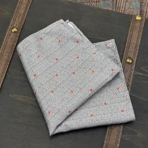 Grey micro check pocket square with red star print for men formal suit accessories detail