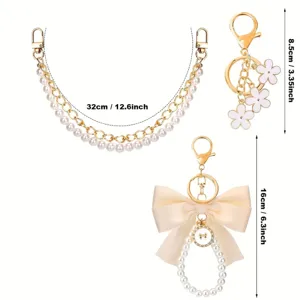 Parelkettingriem met schattige strik- en bloemsleutelhangers, elegante tassenhanger.