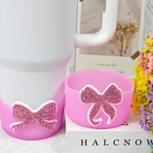Pink glitter silicone cup boot with rhinestone bow tumbler sleeve accessories for Stanley cups