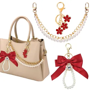 Parelketting tasband set met rode strik hanger en mooie bloem charm voor handtas.