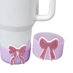 Silicone cup sleeve boot and bracelet set with rhinestone bow decoration for Stanley tumblers