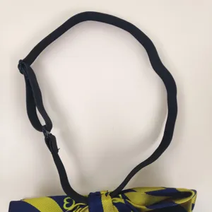 School uniform bow tie, adjustable elastic strap, blue and yellow striped design for kids.