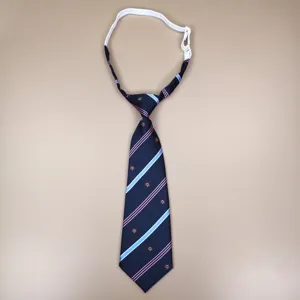 Student uniform tie with diagonal stripes and crown motifs, adjustable elastic strap.