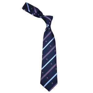 Navy blue school uniform necktie featuring diagonal stripes and delicate crown embroidery patterns