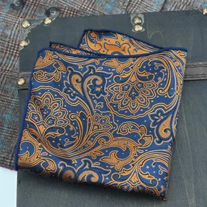 Blue and gold paisley pocket square detail, luxury vintage jacquard fabric for men suits.