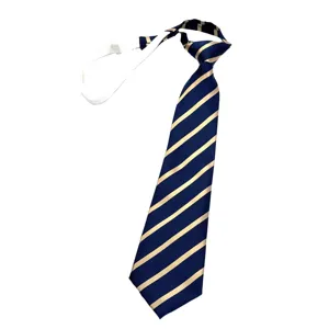Classic navy blue business men necktie with yellow diagonal stripes easy wear elastic band