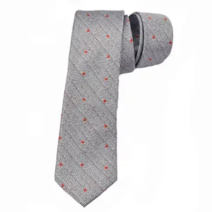 Grey fine-check necktie with red star pattern, classic men's formal business neck wear.