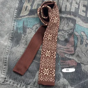 Cravatta marrone in maglia Fair Isle vintage, cravatta invernale fantasia classica.