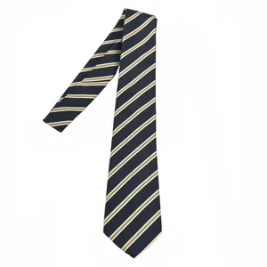 Corbata clásica para hombre con elegantes rayas diagonales doradas y azul oscuro.