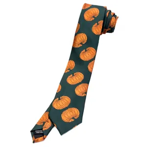 Retro dark green pumpkin printed necktie, elegant handmade unisex holiday party fashion tie.