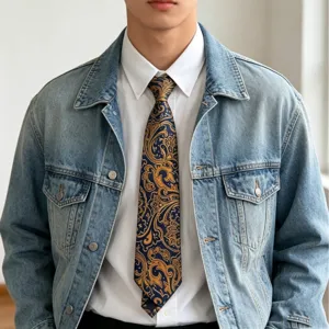 Men's retro blue and gold paisley necktie luxury court style elegant silk fabric formal wear