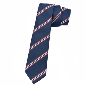 Klassische dunkelblaue Herrenkrawatte mit elegantem rot-weißem Streifenmuster für Business.