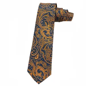 Luxury blue and gold paisley necktie for men, vintage royal style jacquard woven tie.