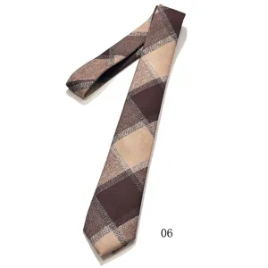 Detailed view of retro brown and khaki plaid men tie showing fabric texture and stylish check pattern.
