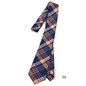 Classic retro plaid necktie for men and women, stylish navy blue and orange patterned tie accessory.