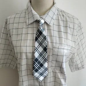 Classic black and white plaid short necktie for students and kids versatile shirt match