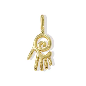 Gold plated hand pendant detail shot, unique spiral palm design for DIY jewelry making.