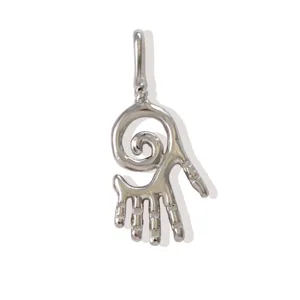 Silver tone metal hand spiral pendant detail shot, creative DIY necklace or earring accessory.