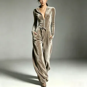 Tuta intera da donna in velluto maniche lunghe collo alto gamba larga stile elegante