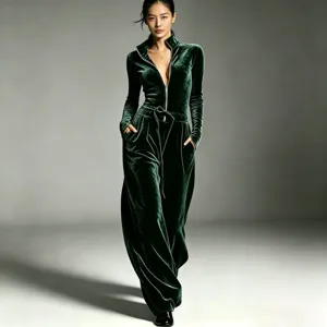 Tuta da Donna alla Moda in Velluto Coreano con Mezza Zip Collo alla Coreana Manica Lunga Gamba Larga Tuta con Coulisse in Vita Elegante Tuta Intera Autunno Inverno