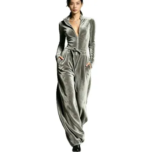 Donna velluto manica lunga cerniera tuta inverno casual gamba larga cintura elegante