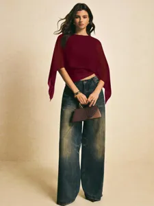 Blusa de verano para mujer con capa de gasa y jeans vaqueros, estilo elegante.