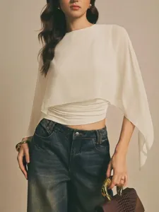 Mujer Elegante Capa Manga Gasa Blusa Irregular Cuello Redondo Verano Top Nuevo