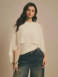 Mujeres blanco capa manga gasa blusa sueltos irregular cuello redondo verano elegante top