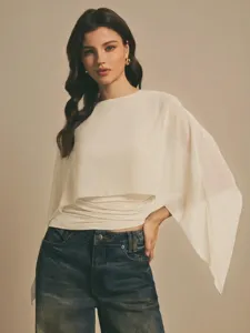 Elegante blusa de gasa asimétrica con mangas de capa para mujer top holgado de cuello redondo.