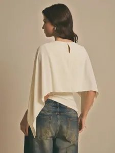 Top elegante de mujer de gasa con mangas capa verano blusa irregular con cuello redondo.