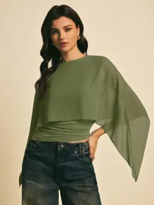 Camiseta verde con manga capa cuello redondo blusa de gasa suelta top irregular elegante