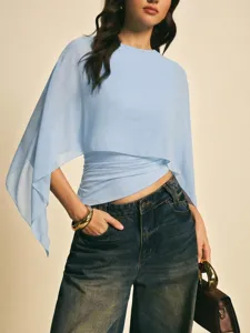 Blusa de gasa azul claro con mangas capa para mujer, elegante parte superior de verano.