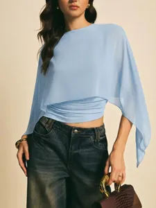 Verano Mujer Chifón Capelet Camiseta Cuello Redondo Blusa Ligera Chic Elegante Top