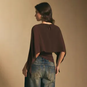 Camiseta Elegante con Manga de Capa para Mujer Blusa de Gasa Suelta Top Patchwork Irregular Color Sólido Cuello Redondo Casual