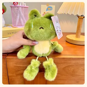 Cute mini frog plush keychain with dangling legs, soft stuffed animal bag pendant toy charm.