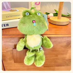 Cute green frog plush keychain dangling leg doll bag pendant detail shot for daily chic styling.