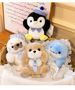 Cute sailor style plush toy set featuring cute penguin, seal, otter, and dolphin in basket.